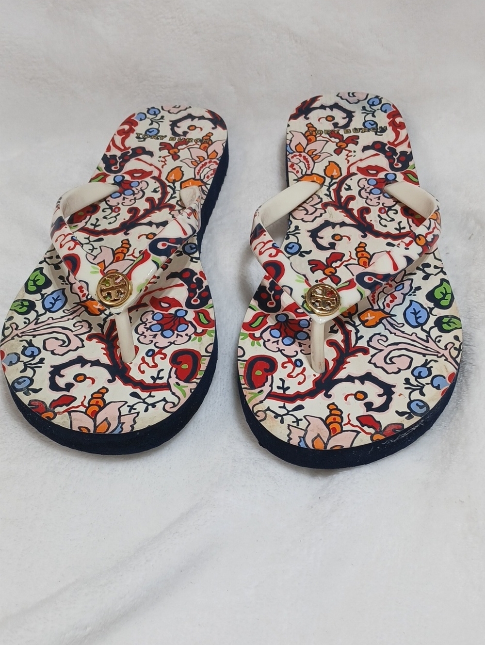 Tory Burch Multicolor Floral Logo Flip Flop Sandals with Gold Emblem